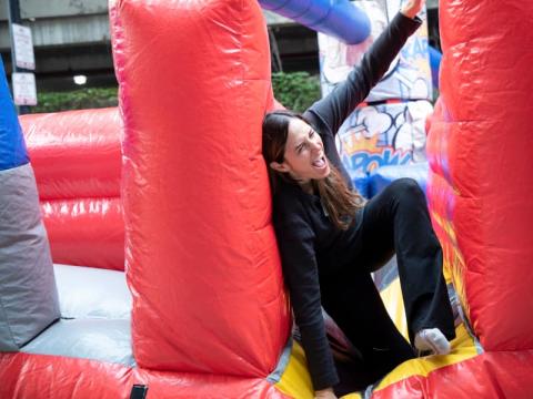 A woman in an inflatable maze